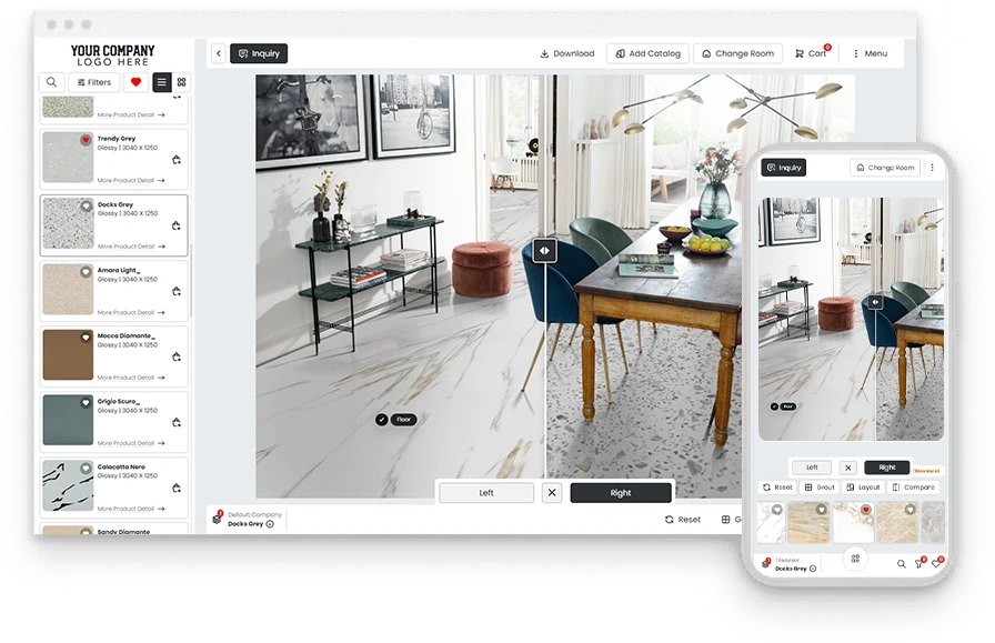 Tilesview Visualizer, der viser et rum før og efter på desktop og mobil